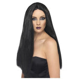 Long black witch wig with centre part for Halloween or costume party