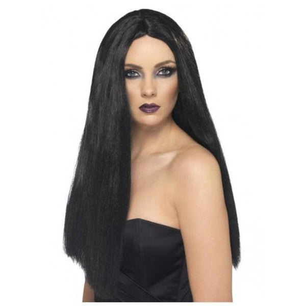 Long black witch wig with centre part for Halloween or costume party
