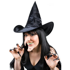 witch set includes hat, nose, chin and slip on nails.