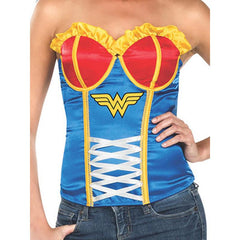 Front view of Wonder Woman corset with sweetheart neckline and emblem
