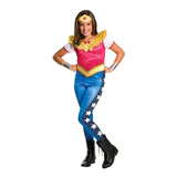 Wonder woman dcshg classic costume, jumpsuit with digitally printed star pattern on bodice, collar with logo share and short sleeves.