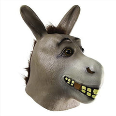 Full overhead latex Donkey mask with eyes and teethy grin made from latex with fur for mane.