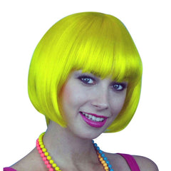 Yellow chin length bob wig in quality synethic fibre.
