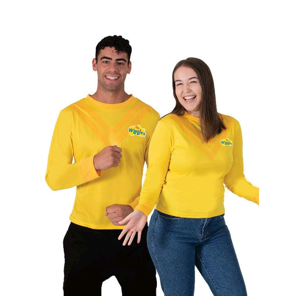 Wiggles adult costume top in yellow with logo and iconic tow V stripes on chest.