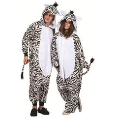 funsie zoe the zebra onesie with low crotch and attached hood and tail. unisex.